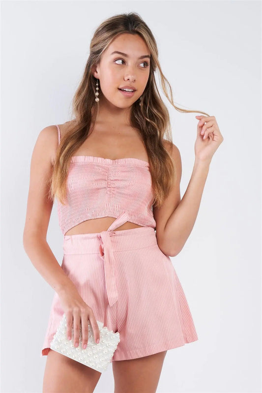 Pink Cotton Cotton Tie Dye Pinstripe Square Neck Crop Top & Mini Chic Short Set /3-2-1