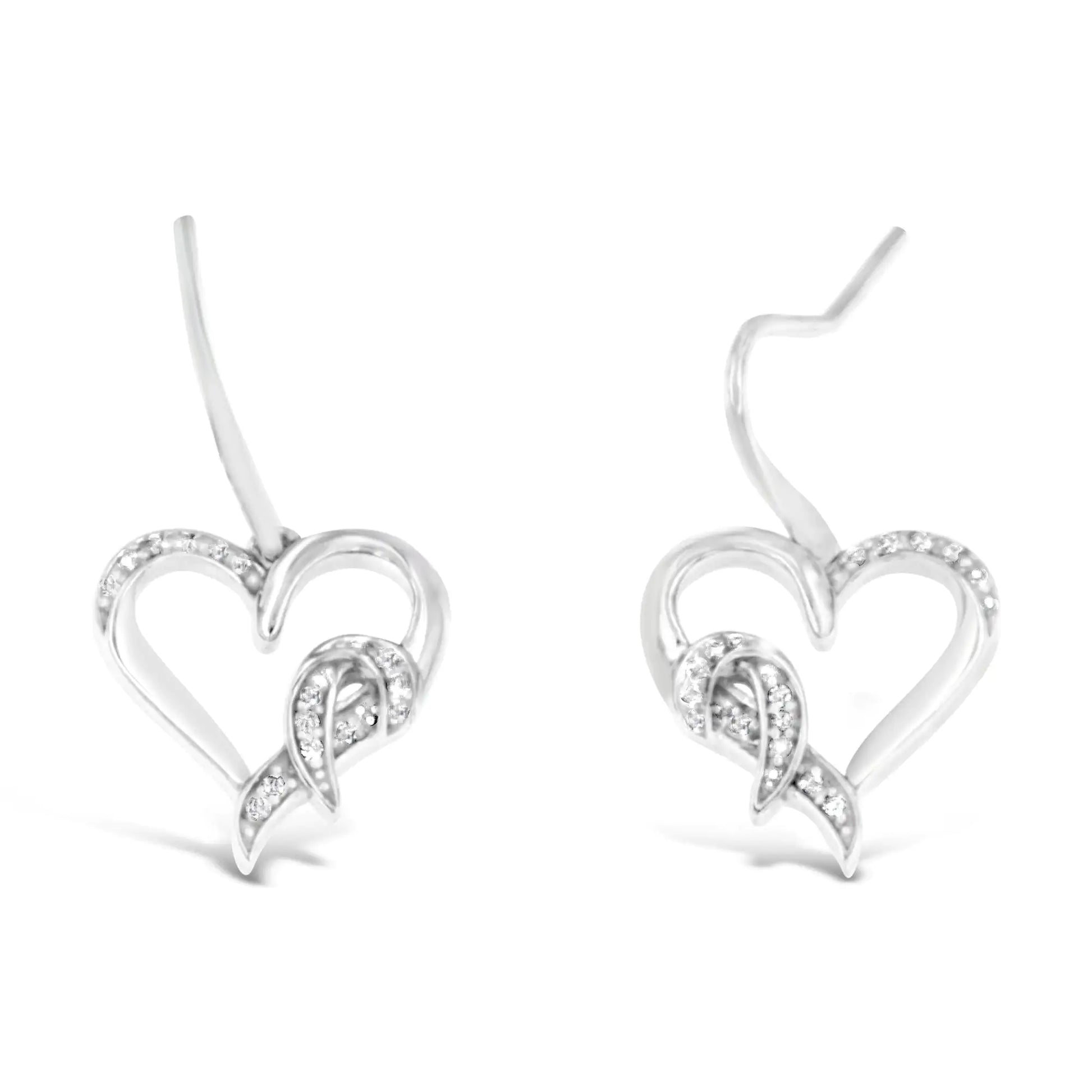 Sterling Silver Round Cut Diamond Heart Dangle Earrings (0.09 cttw, H-I Color, I1-I2 Clarity) - Puritific