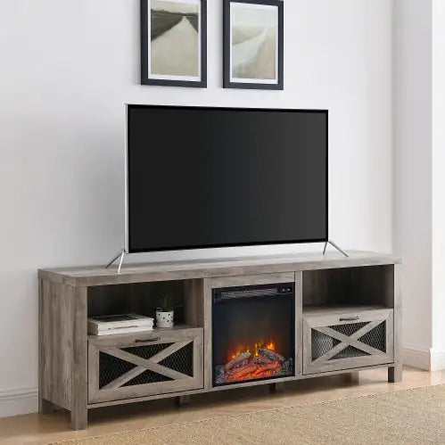 Industrial Farmhouse Metal Mesh Drop-Down X-Door Fireplace TV Stand For TVs - Grey Wash