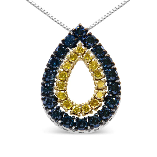 14K Yellow Gold Plated .925 Sterling Silver 1/2 Cttw Treated Blue and Yellow Diamond Double Pear Shaped 18" Pendant Necklace (Blue Color, I2-I3 Clarity) - Puritific