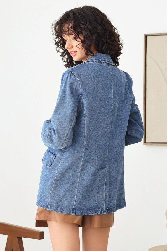 Oversize Long Sleeve Front Pocket Denim Blazer Jacket