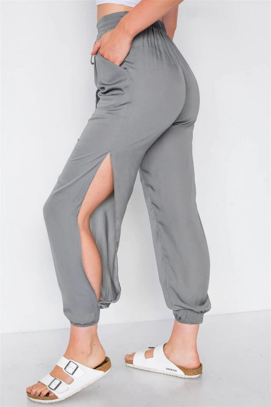 Ash Olive High Slit Satin Harem Ankle Pants /3-2-1 - Puritific