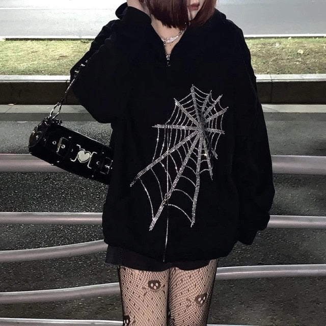 Women Gothic Black Zip Up Hoodie - Puritific