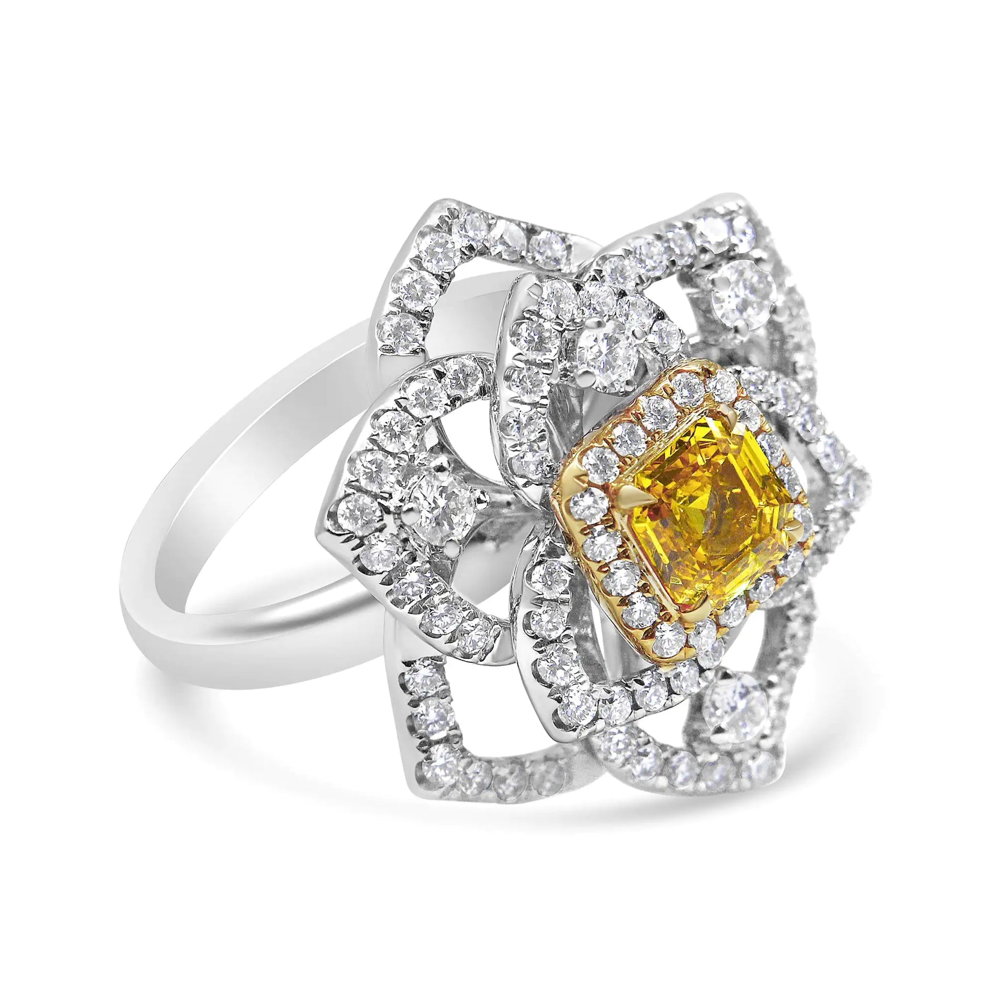 18K White and Yellow Gold 1.75 Cttw Yellow Asscher Lab Grown Center Diamond Floral Cluster Ring (Yellow/G-H Color, VS1-VS2 Clarity) - Puritific