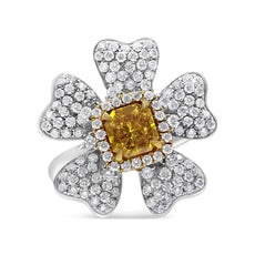 18K White and Yellow Gold 2.25 Cttw Yellow Radiant Lab Grown Center Diamond Flower and Leaf Cluster Ring (Yellow/G-H Color, VS1-VS2 Clarity) - Puritific