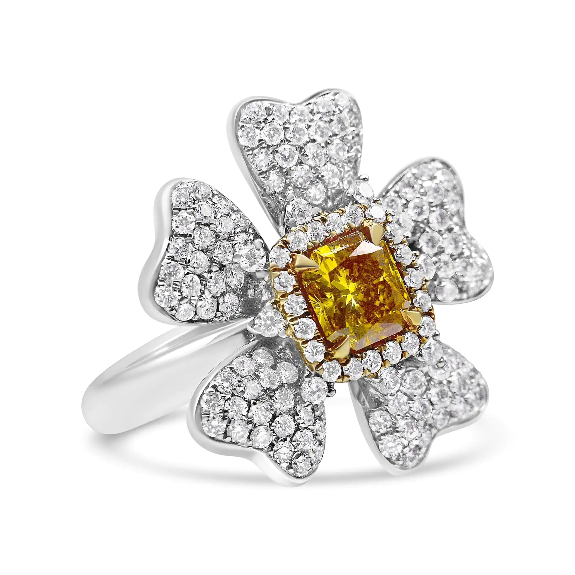 18K White and Yellow Gold 2.25 Cttw Yellow Radiant Lab Grown Center Diamond Flower and Leaf Cluster Ring (Yellow/G-H Color, VS1-VS2 Clarity) - Puritific