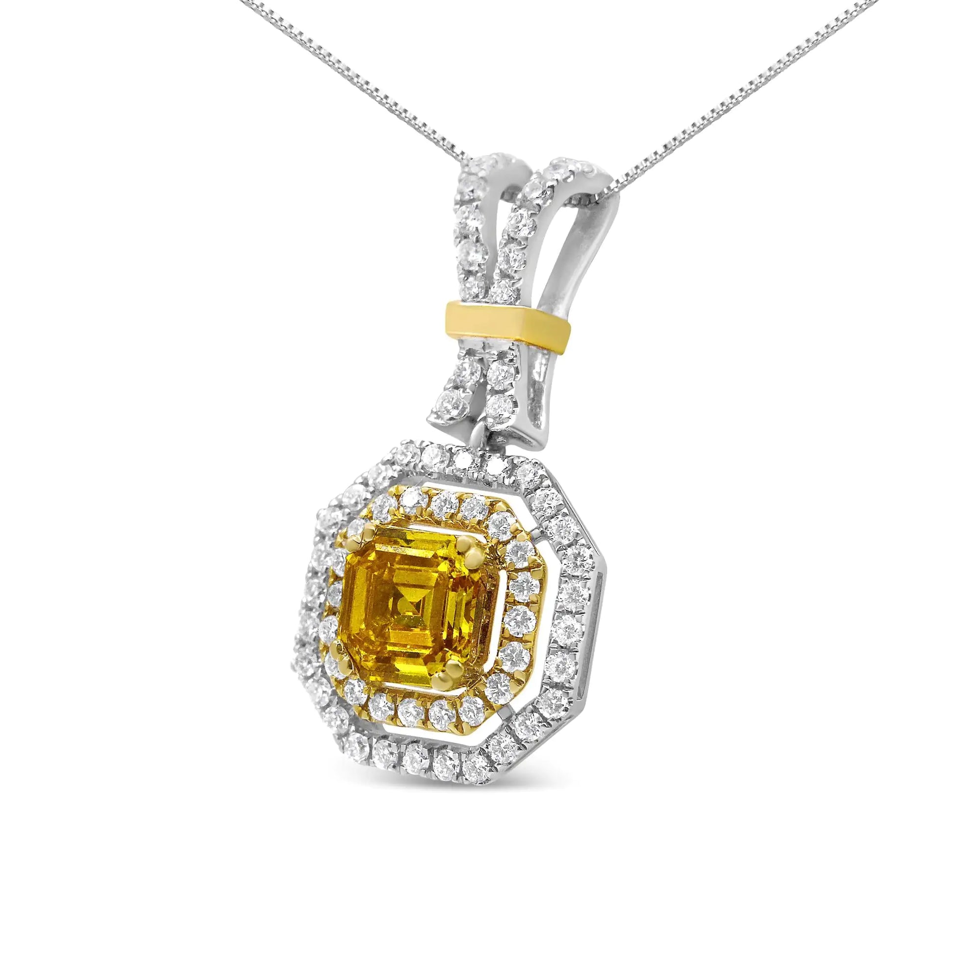 18K White and Yellow Gold 1.75 Cttw Lab Grown Treated Yellow Asscher Center Diamond Halo 18" Pendant Necklace (Yellow/G-H Color, VS1-VS2 Clarity) - Puritific