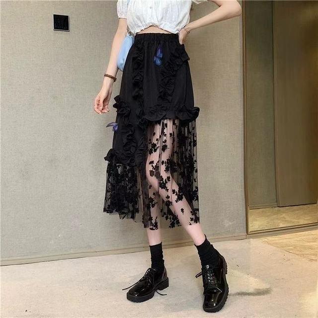 Black Lace Patchwork Skirt - Puritific