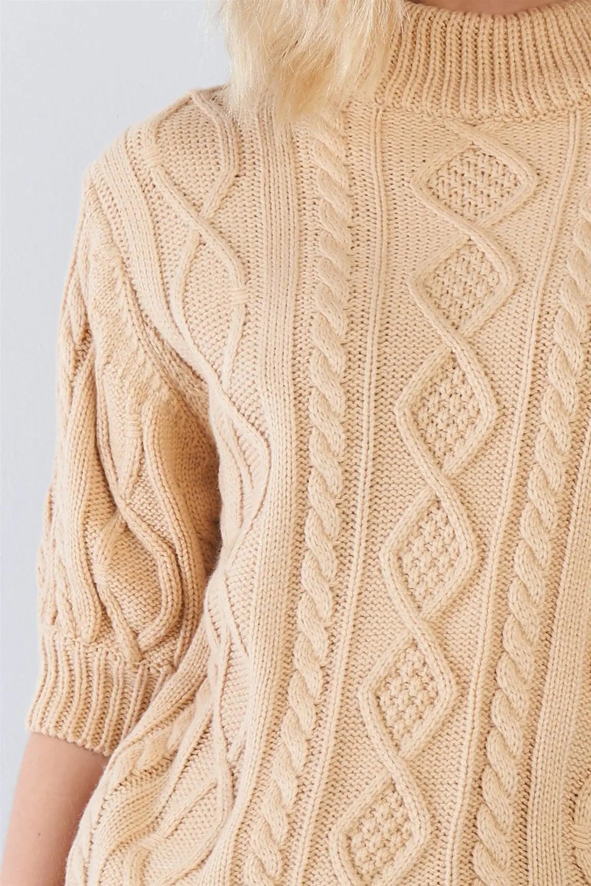 Beige Cable Knit Casual 3/4 Sleeve Mock Neck Chic Sweater - Puritific