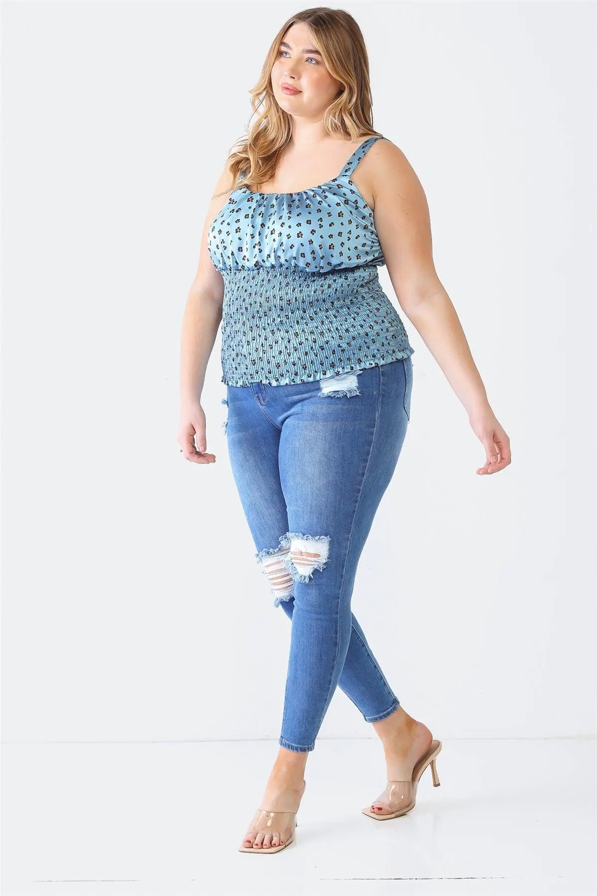 Plus Size Blue Flower Satin Strappy Smocked Top