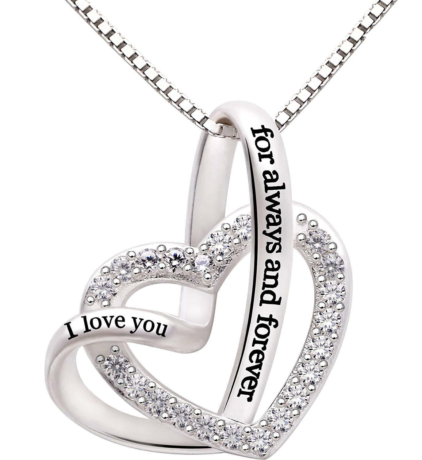 "I Love you Forever and Always" Heart Necklace Embellished with Crystals in 18K White Gold Plated - Puritific