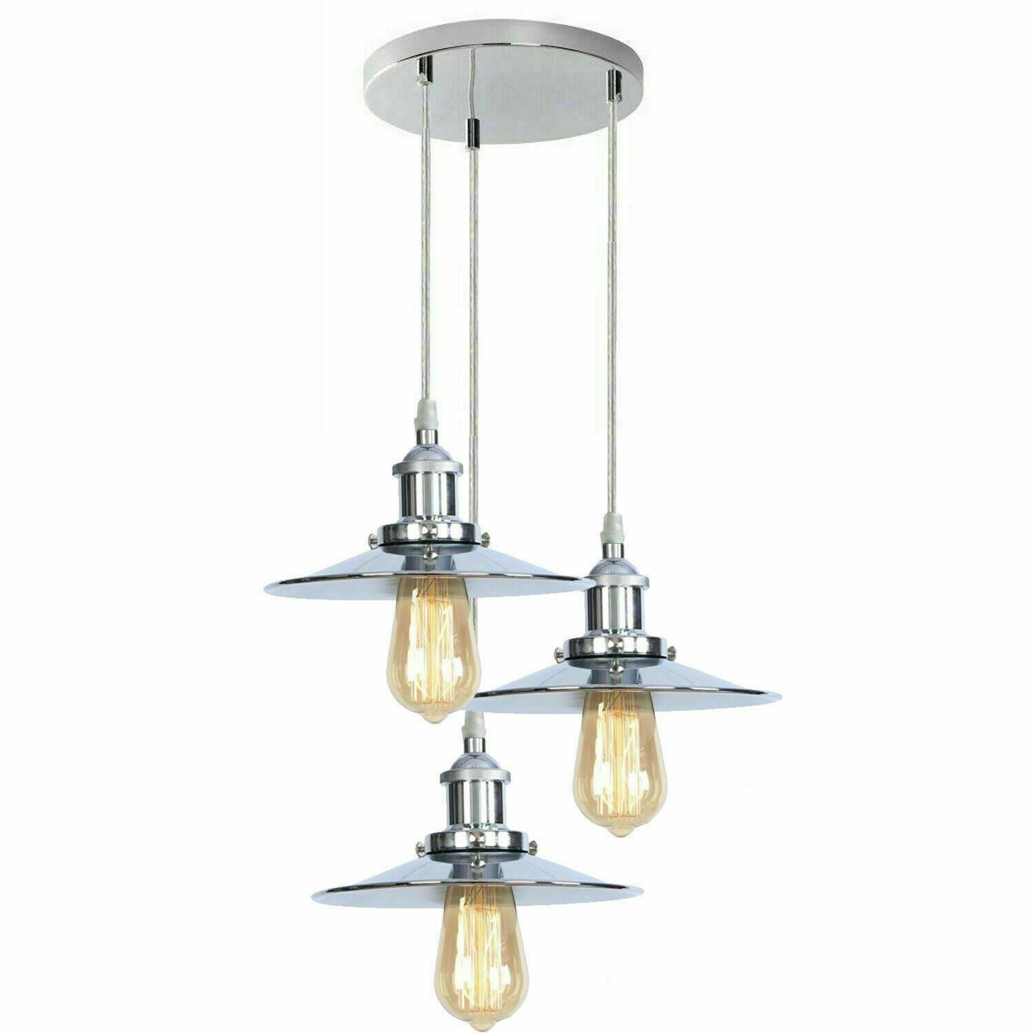 3 Head Pendant Hanging Light Polished Chrome Metal Flat Lamp Shade ~ 1324-1