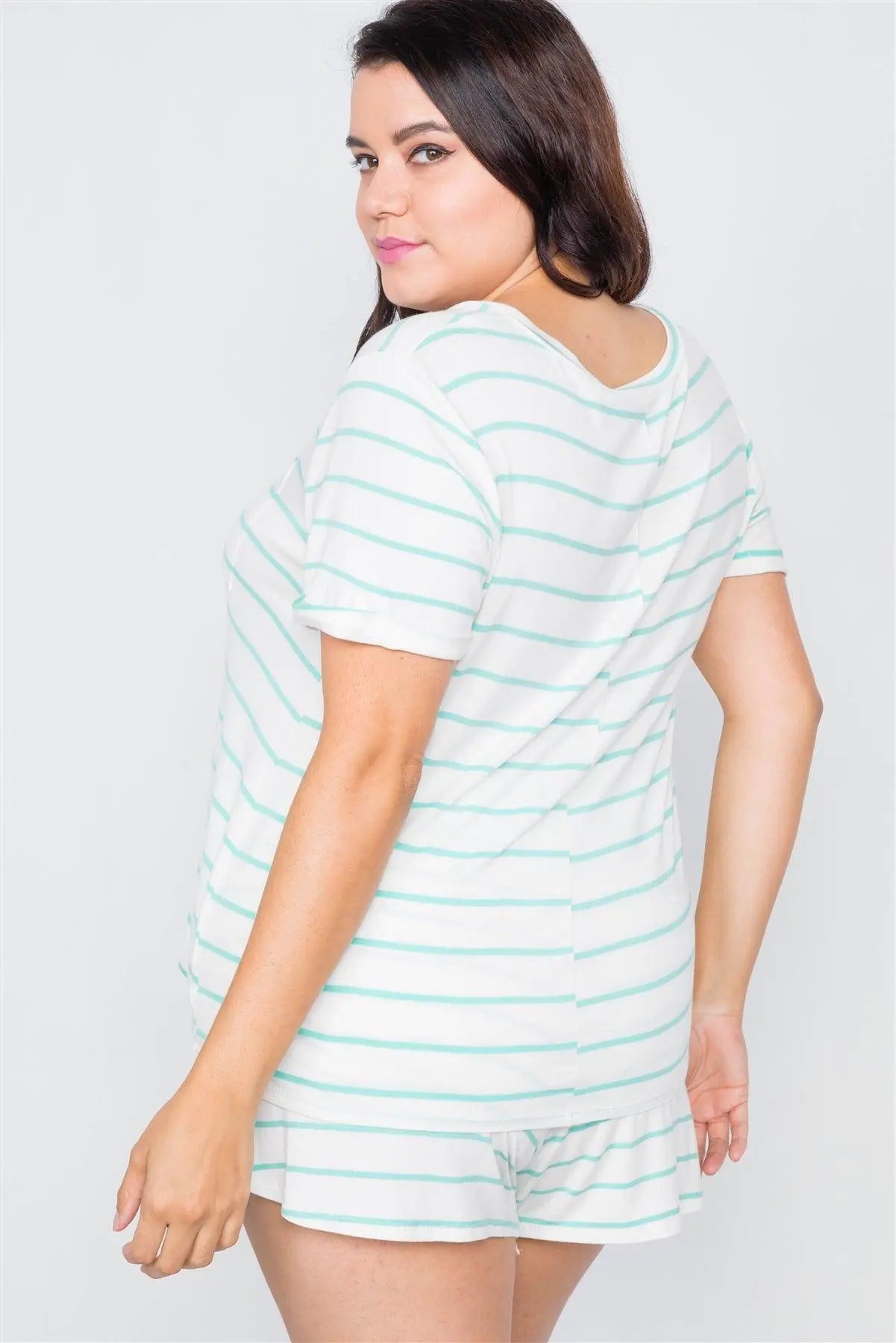 Plus Size White & Mint Rolled Short Sleeve Stripe Comfy Short Set /1-2-1