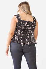 Plus Size Black Floral Button-Up Sleeveless Flare Hem Top