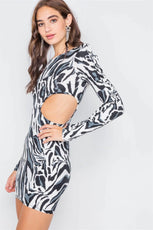 Zebra Cut-Out Flounce Sleeve Trim Mini Dress /2-3-2 - Puritific