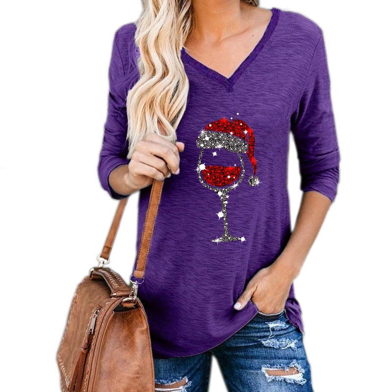 Christmas Wine Glass Print Blouse - Puritific