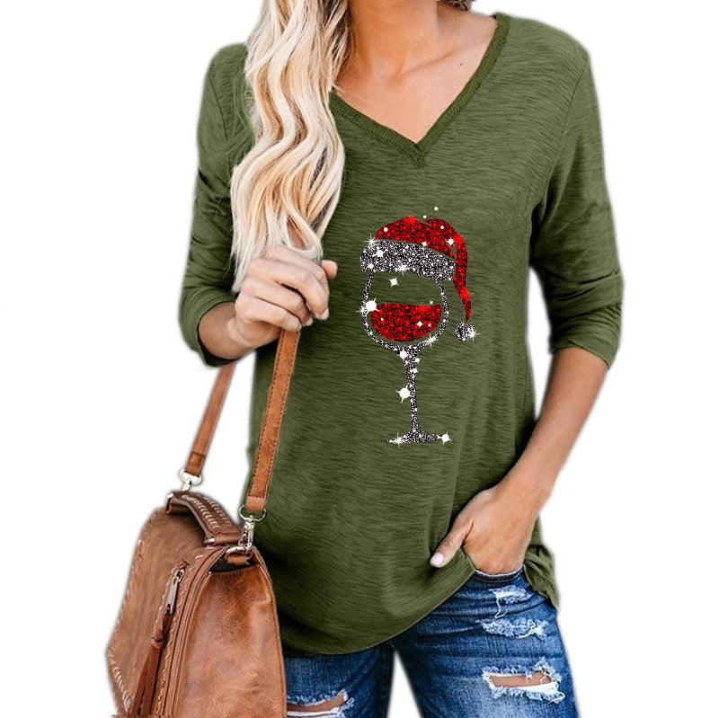 Christmas Wine Glass Print Blouse - Puritific