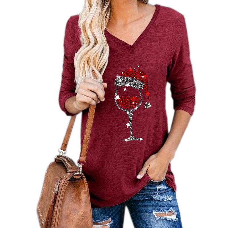 Christmas Wine Glass Print Blouse - Puritific