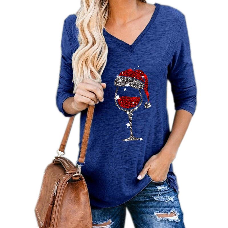 Christmas Wine Glass Print Blouse - Puritific