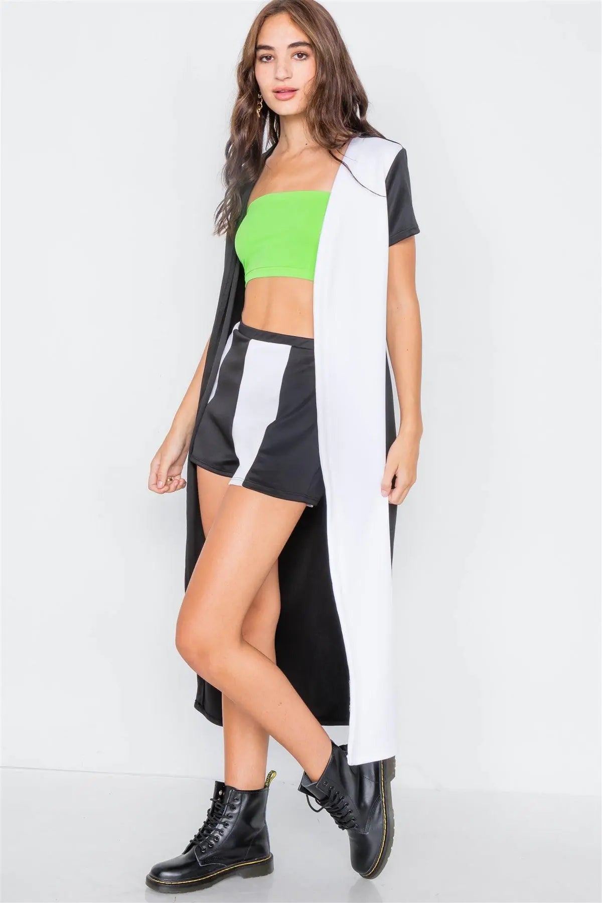 Black & White Color Block Shorts & Trench Coat Set /1-2-2 - Puritific