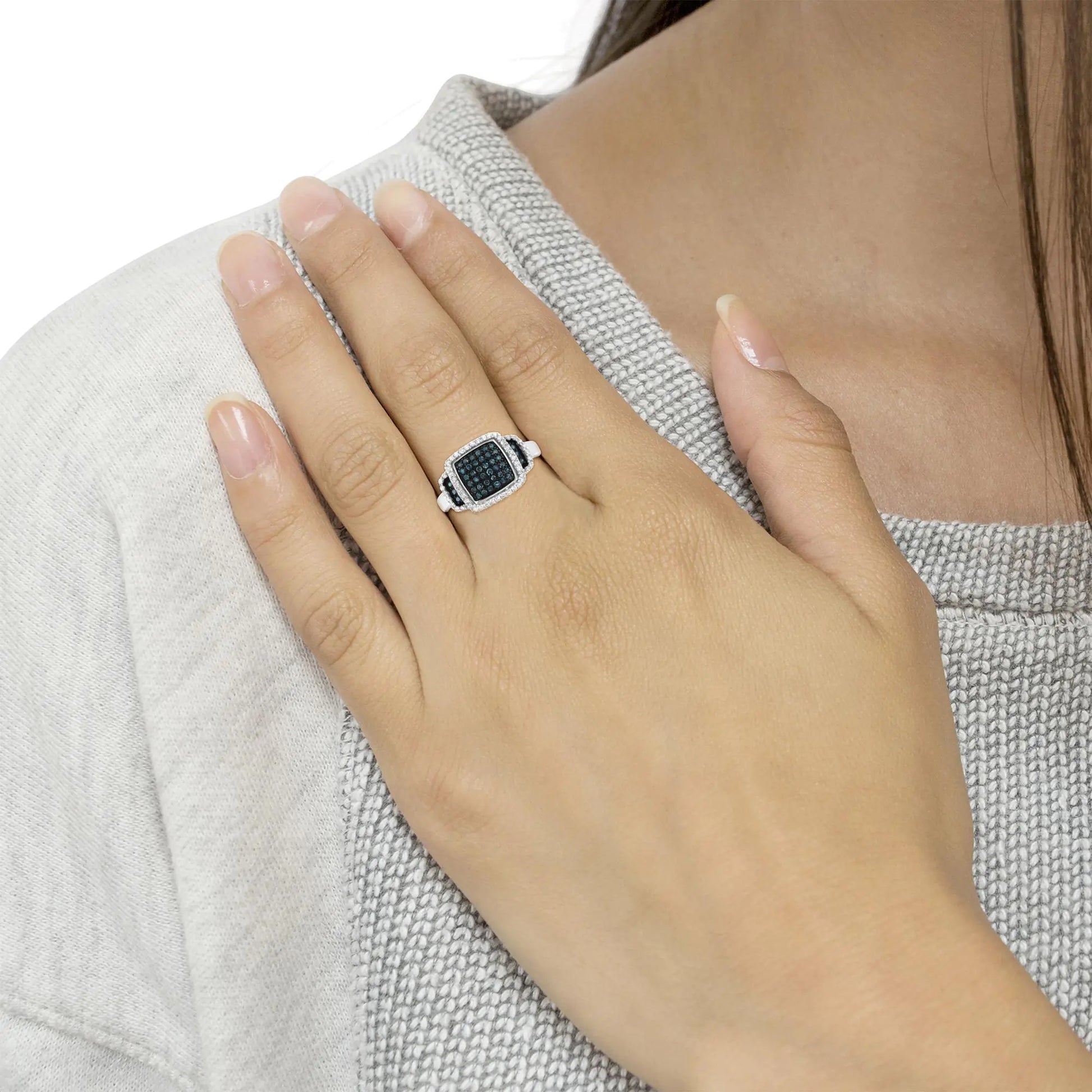 Black Rhodium Plated .925 Sterling Silver 1/2 Cttw White & Blue Diamond Square Halo Cocktail Ring (Fancy Blue & H-I Color, I2-I3 Clarity) - Puritific