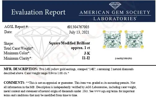 AGS Certified 14K Gold 1.0 Cttw 4-Prong Set Princess-Cut Solitaire Diamond Push Back Stud Earrings (J-K Color, I1-I2 Clarity) - Puritific