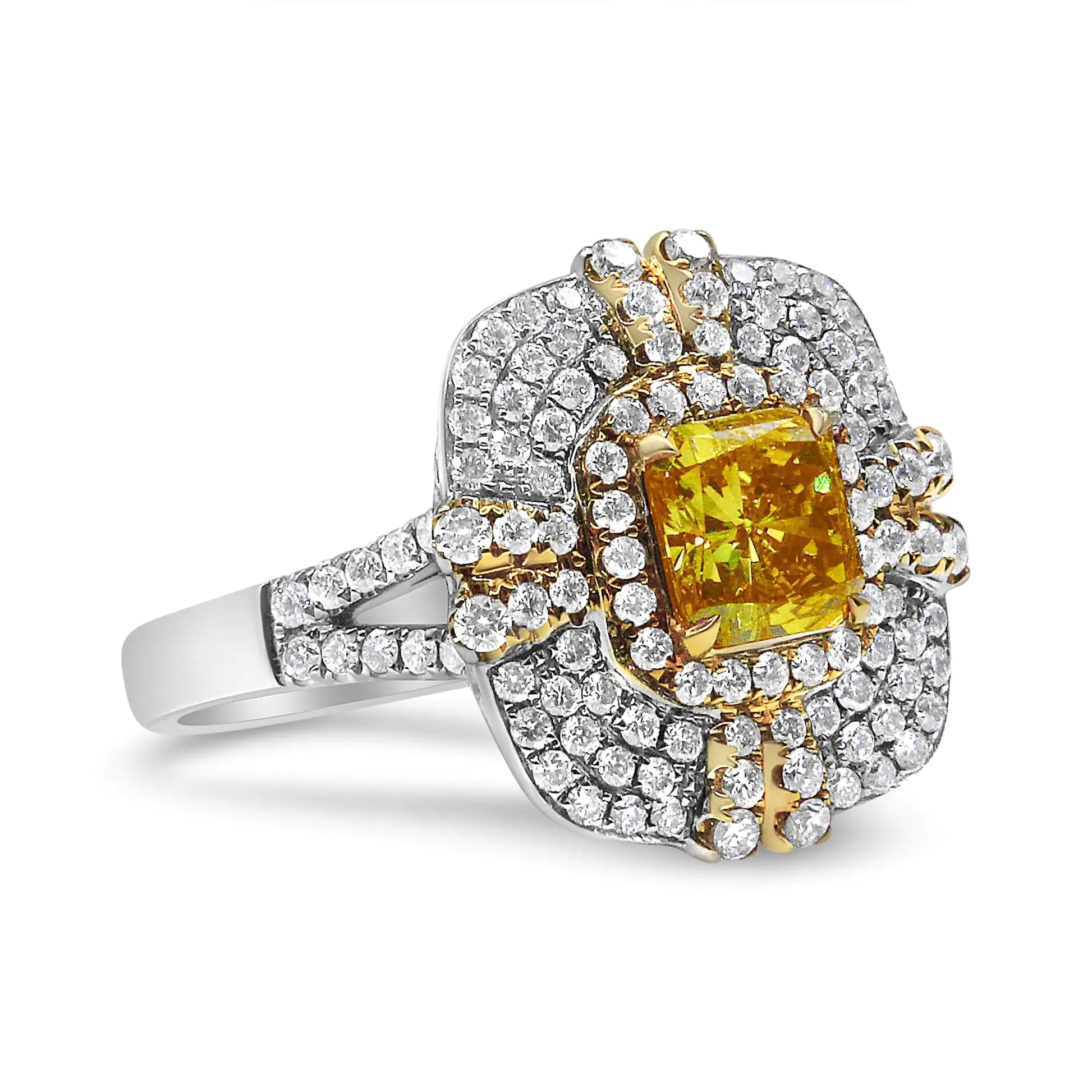 18K White and Yellow Gold 2.15 Cttw Yellow Radiant Lab Grown Center Diamond Halo Framed Cocktail Ring (Yellow/G-H Color, VS1-VS2 Clarity) - Puritific