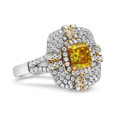 18K White and Yellow Gold 2.15 Cttw Yellow Radiant Lab Grown Center Diamond Halo Framed Cocktail Ring (Yellow/G-H Color, VS1-VS2 Clarity) - Puritific