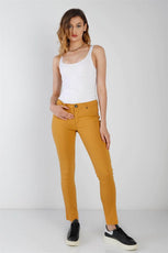 Mustard Contrast Button Mid Rise Skinny Pants - Puritific