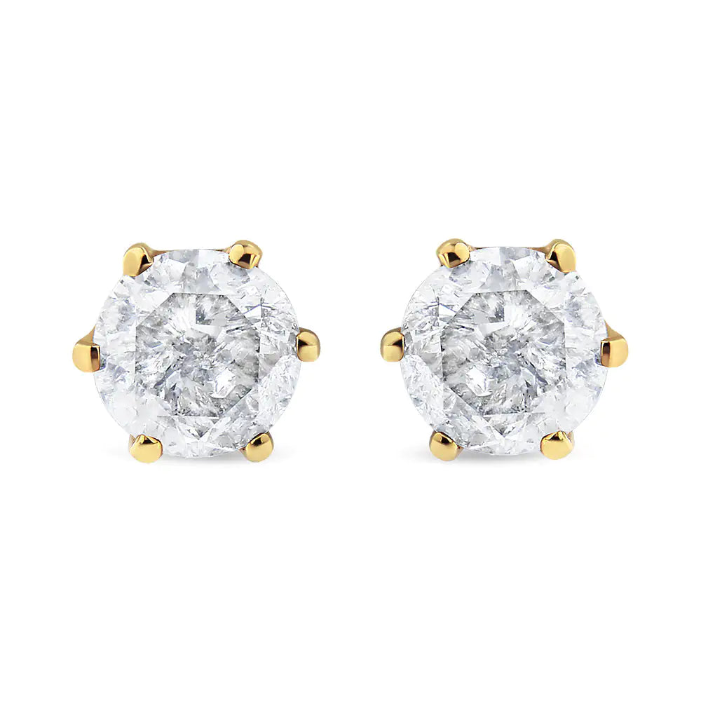 AGS Certified 2.00 Cttw Round Brilliant-Cut Diamond 14K Yellow Gold 6-Prong-Set Solitaire Stud Earrings with Screw Backs (J-K Color, I1-I2 Clarity) - Puritific