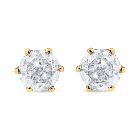 AGS Certified 2.00 Cttw Round Brilliant-Cut Diamond 14K Yellow Gold 6-Prong-Set Solitaire Stud Earrings with Screw Backs (J-K Color, I1-I2 Clarity) - Puritific