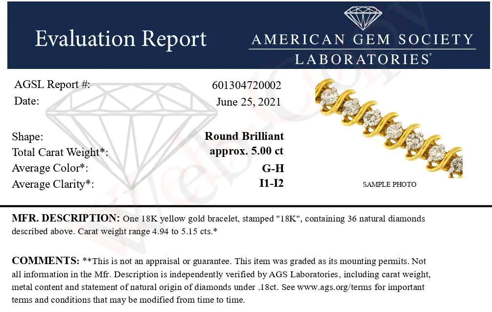 AGS Certified 18K Yellow Gold 5.00 Cttw "S" Link Wrapped 2-Prong Set Round Brilliant Diamond Tennis Bracelet (G-H Color, I1-I2 Clarity) - Size 7 - Puritific