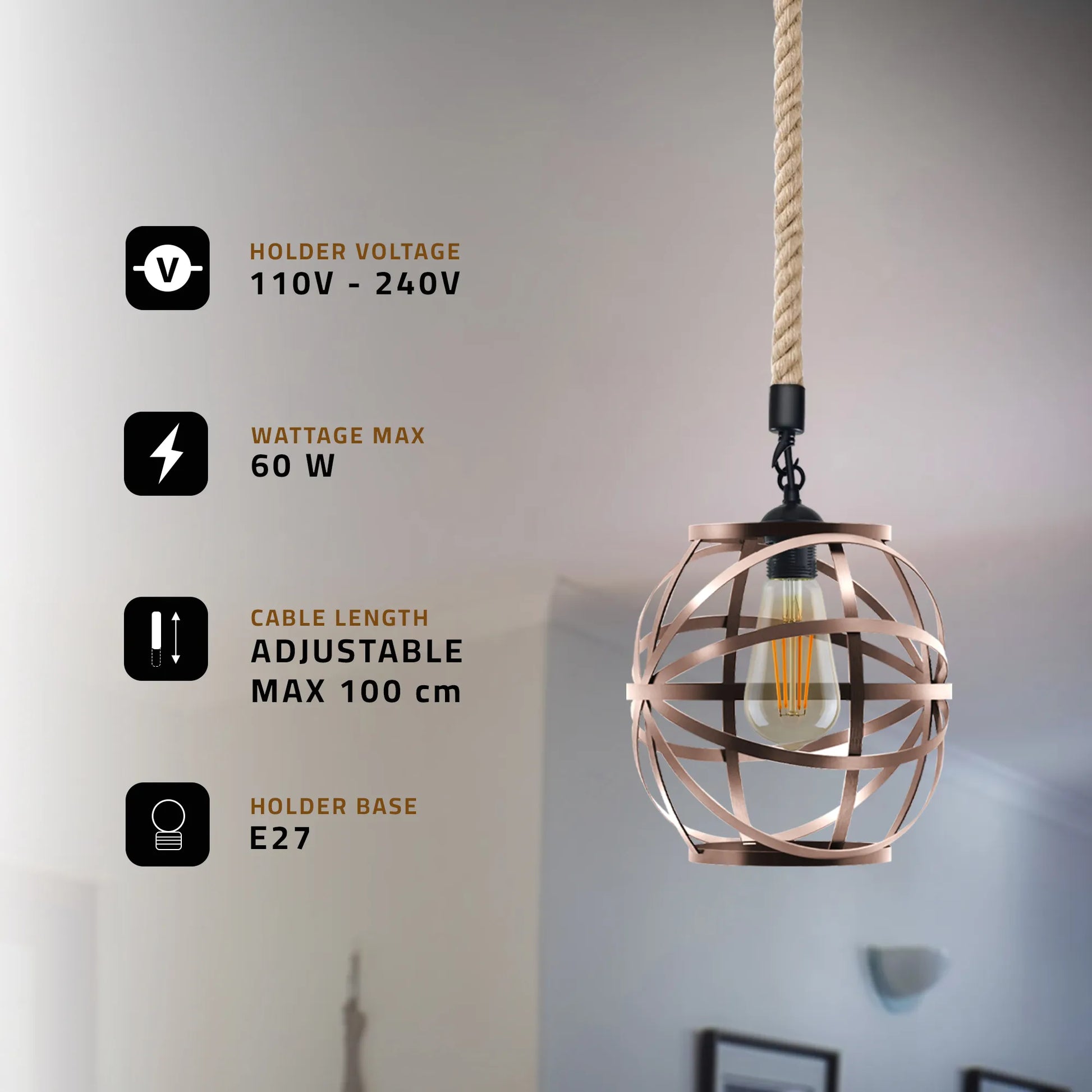 Single Ceiling Hemp Rope Hanging Pendant light with Bulb Guard wire cage light~5089-3