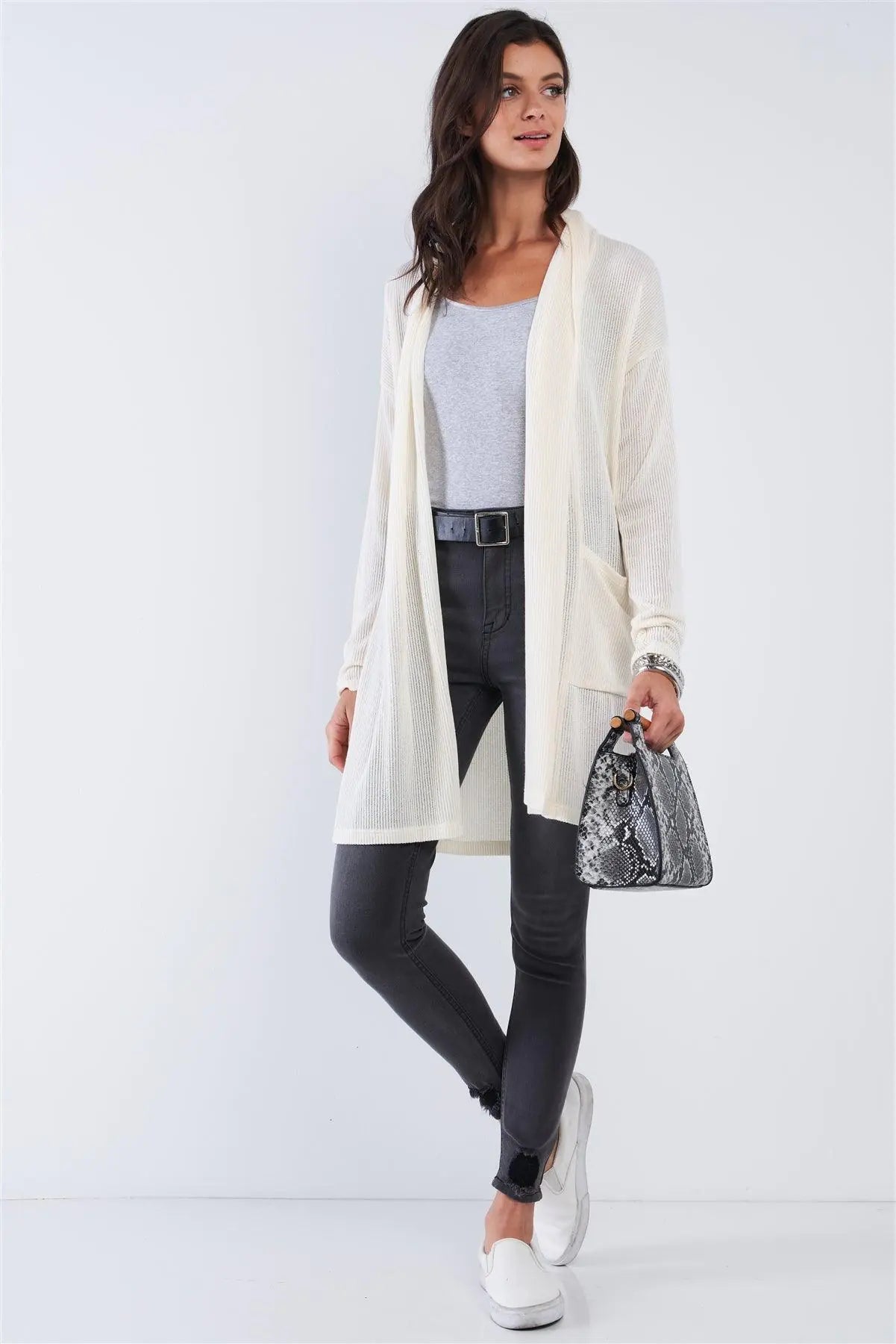 Long Sleeve Cardigan With Large Square Pockets /2-2-2