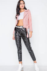 Pink Studded Embroidery Faux Suede Moto Jacket /2-1-2