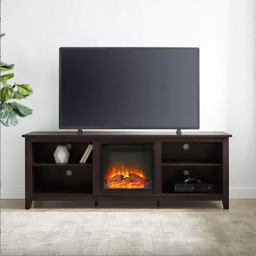 Modern Transitional Wood Fireplace TV Stand For TVs With 2 Shelves