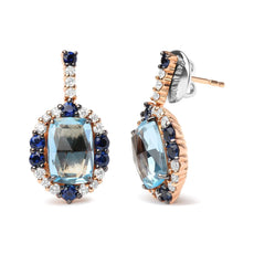 18K White and Rose Gold and 3/4 Cttw Diamond with Round Blue Sapphire and 13x8mm Cushion Cut Sky Blue Topaz Gemstone Cluster Dangle Earrings (G-H Color, SI1-SI2 Clarity) - Puritific