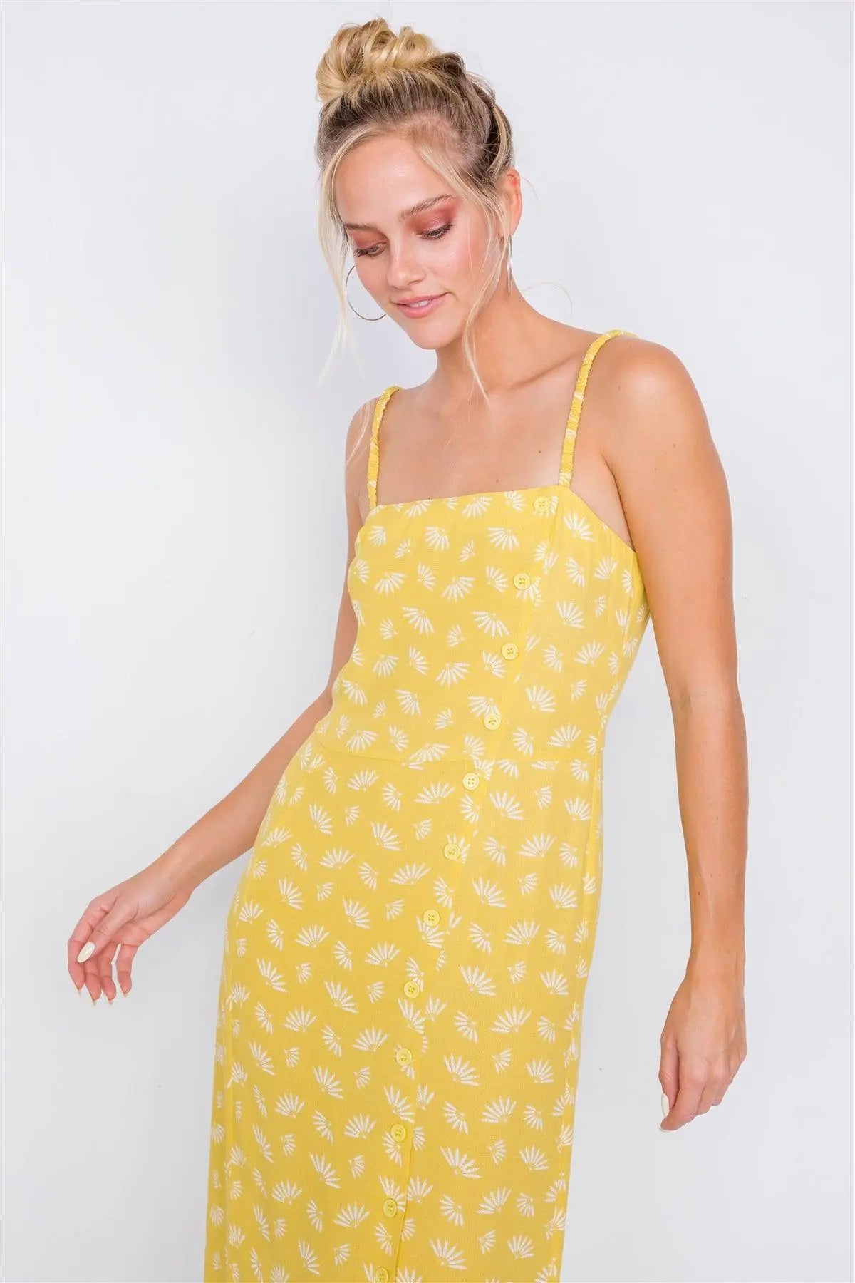 Yellow Feather Floral Print Square Neck Accordion Cami Dress /4-2-1