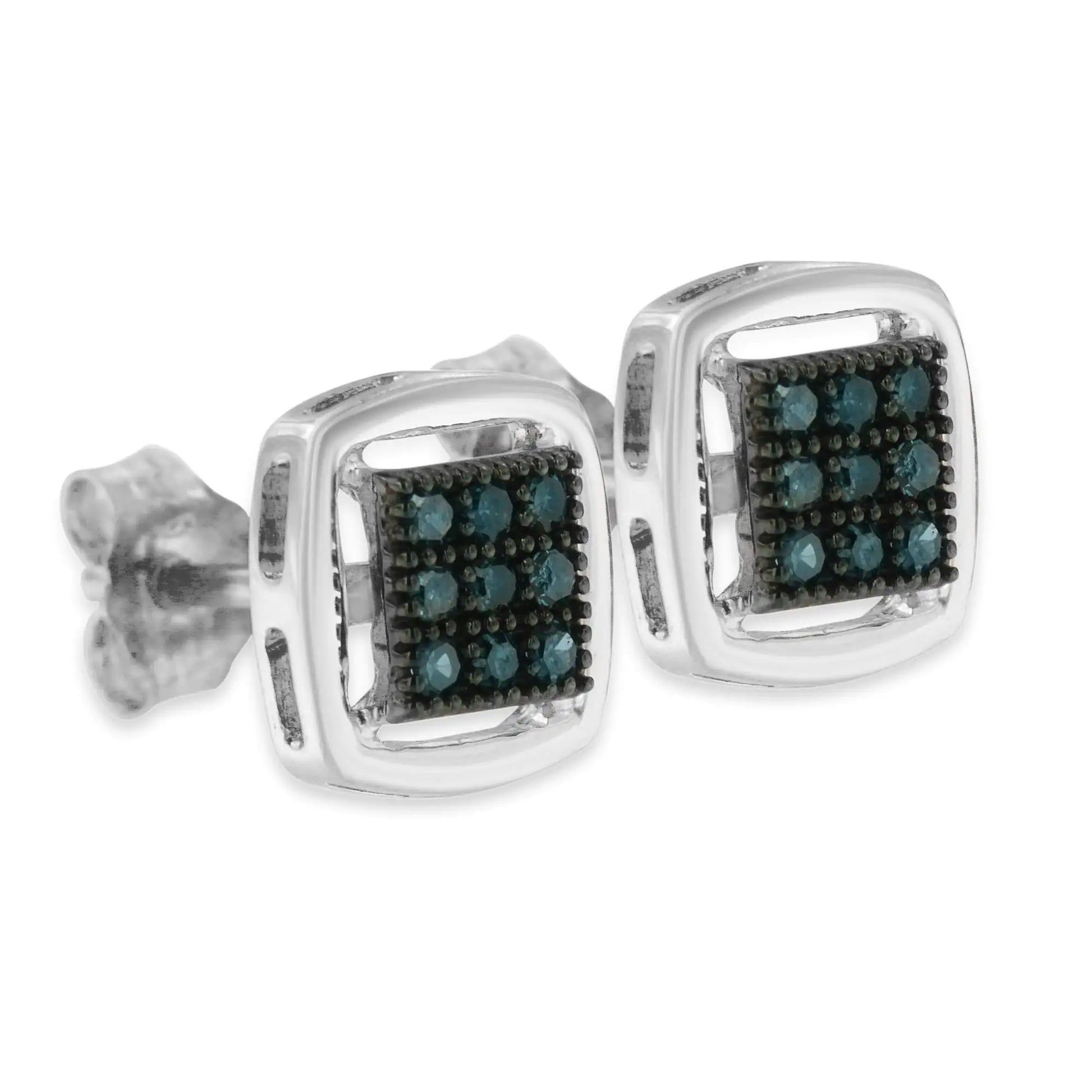 Sterling Silver Rose Cut Treated Blue Diamond Square Stud Earring (0.25 cttw, Blue Color, I2-I3 Clarity) - Puritific