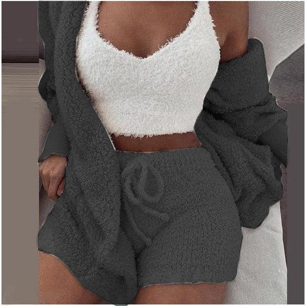 Fluffy Three Piece Set Lounge Sexy Outfits - Puritific