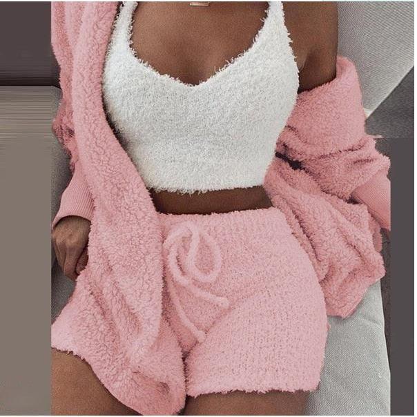 Fluffy Three Piece Set Lounge Sexy Outfits - Puritific