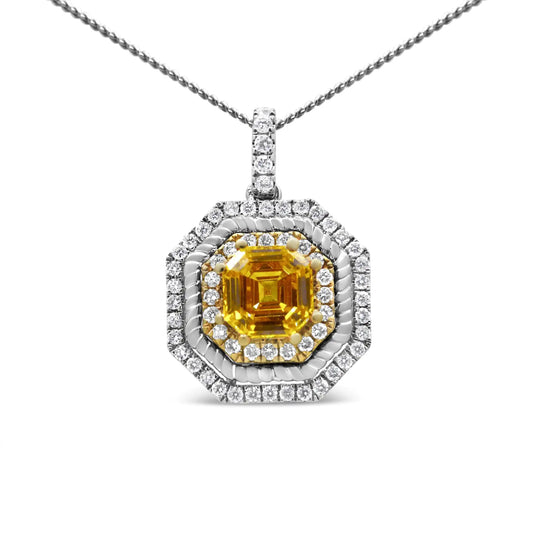 18K White and Yellow Gold 2 1/4 Cttw Lab Grown Yellow Asscher Cut Diamond Art Deco Style Halo 18" Pendant Necklace (Yellow/G-H Color, VS1-VS2 Clarity) - Puritific