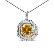 18K White and Yellow Gold 2 1/4 Cttw Lab Grown Yellow Asscher Cut Diamond Art Deco Style Halo 18