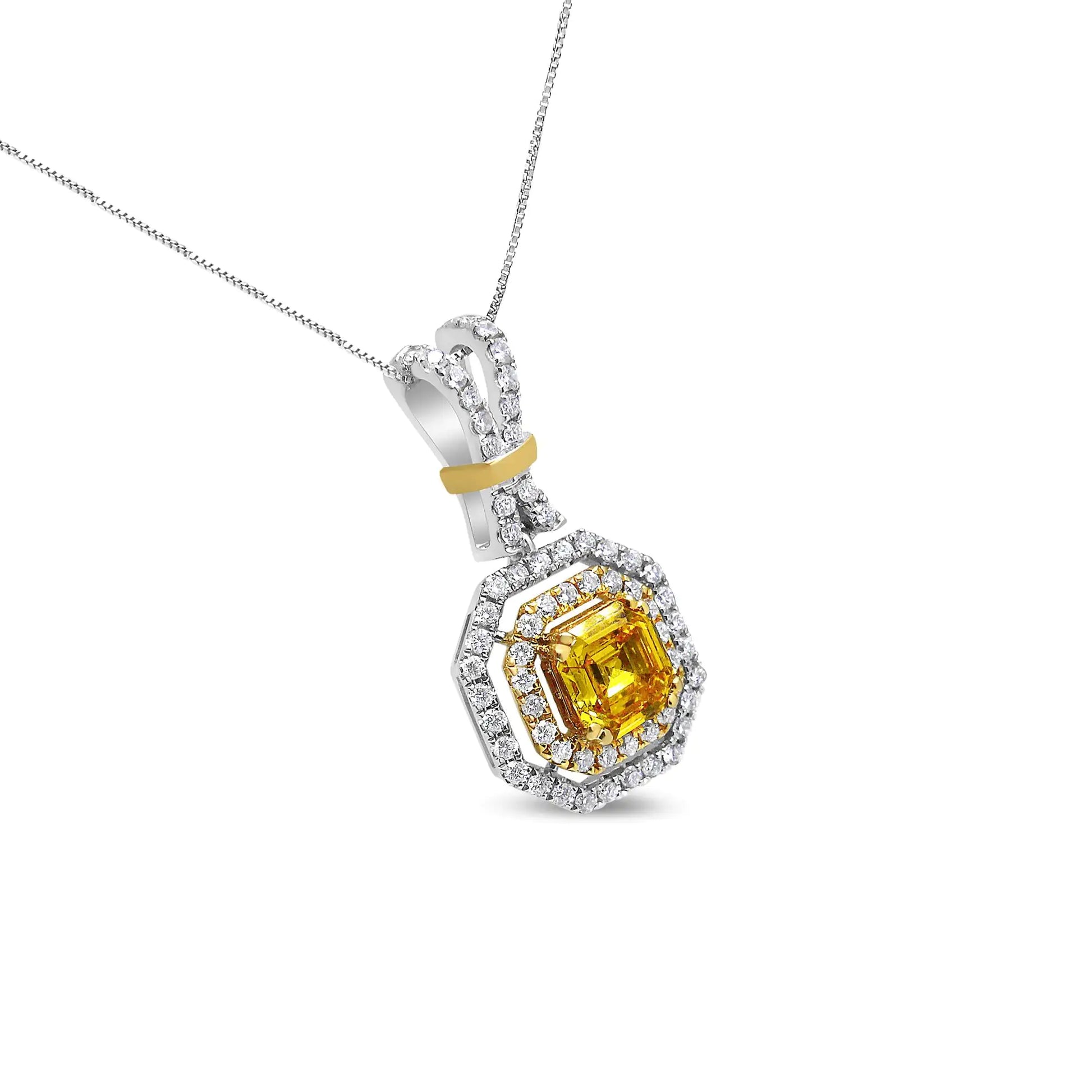 18K White and Yellow Gold 1.75 Cttw Lab Grown Treated Yellow Asscher Center Diamond Halo 18" Pendant Necklace (Yellow/G-H Color, VS1-VS2 Clarity) - Puritific