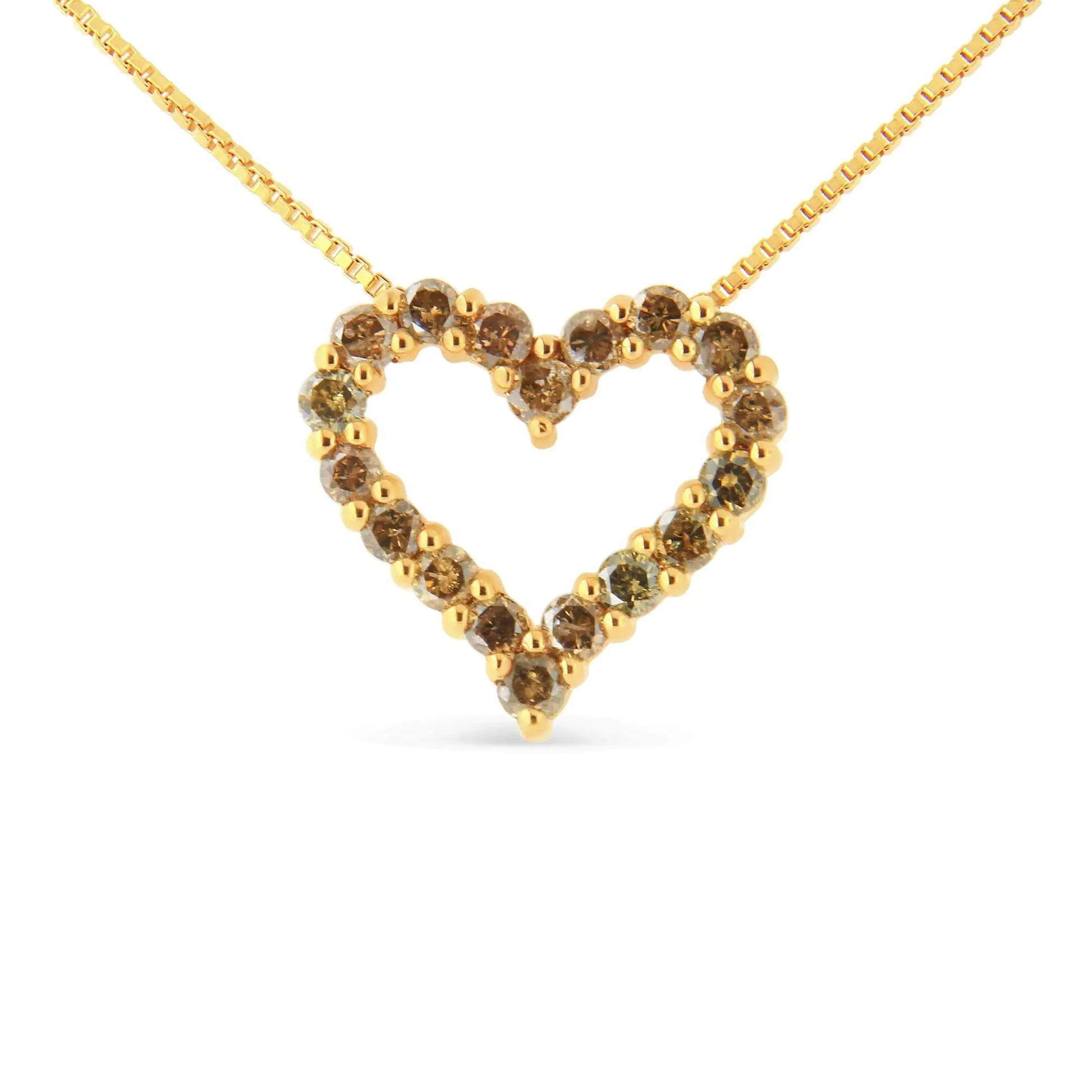 14K Yellow Gold Plated .925 Sterling Silver 1.0 Cttw Champagne Diamond Heart Pendant Necklace (K-L Color, I1-I2 Clarity) - 18" - Puritific