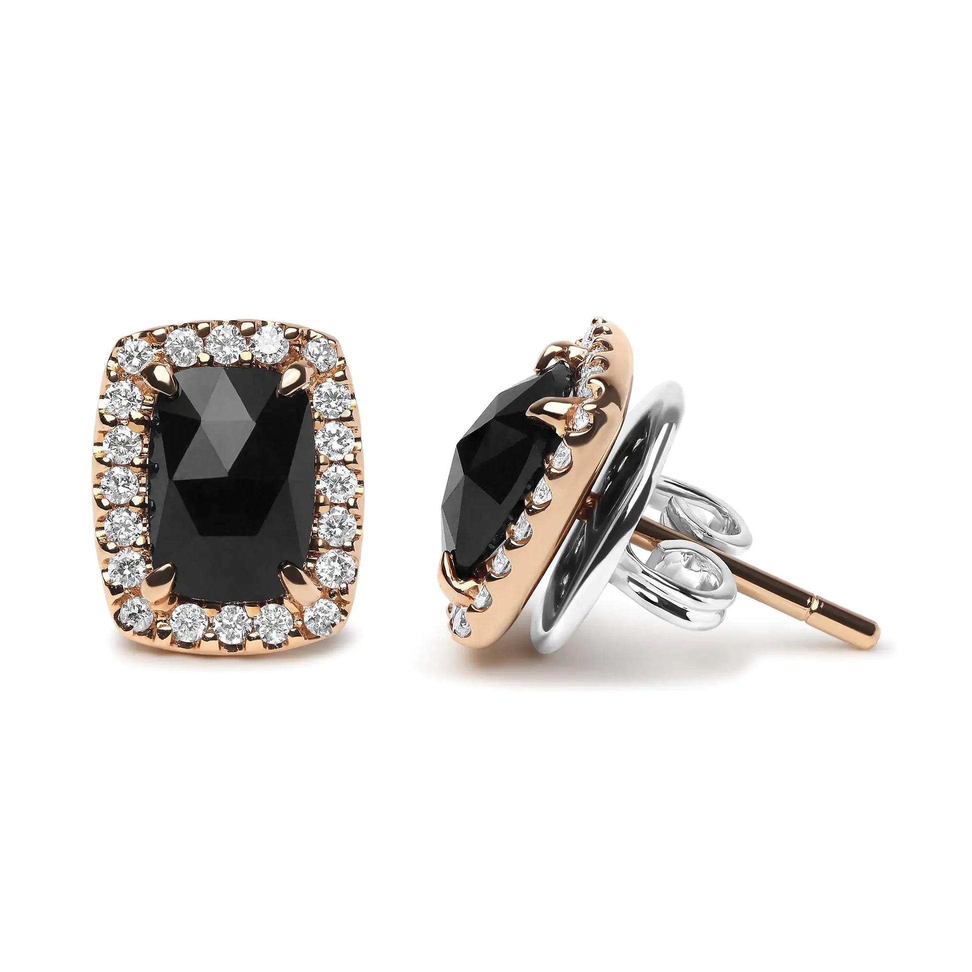 18K Rose and White Gold 1/4 Cttw Round Diamond and 8x6mm Cushion Cut Black Onyx Gemstone Halo Stud Earrings (G-H Color, SI1-SI2 Clarity) - Puritific