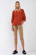 Autumn Red Boho Embroidery Trim Balloon Sleeve Relaxed Blouse Top - Puritific