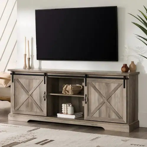 Farmhouse Sliding X Barn Door TV Stand For Grey Wash