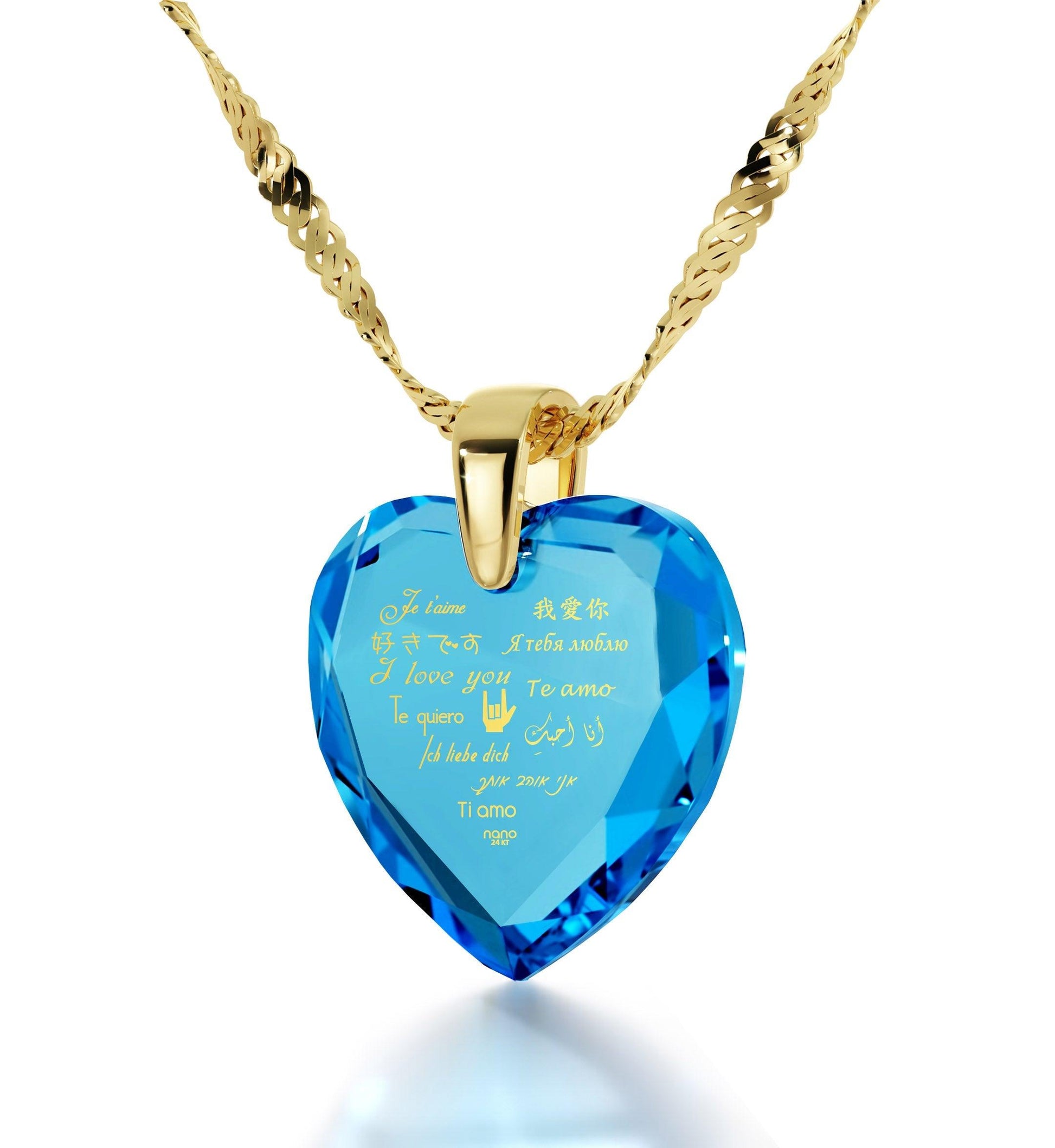 Gold Plated Silver Heart Necklace I Love You in 12 Languages 24k Gold Inscribed Cubic Zirconia - Puritific