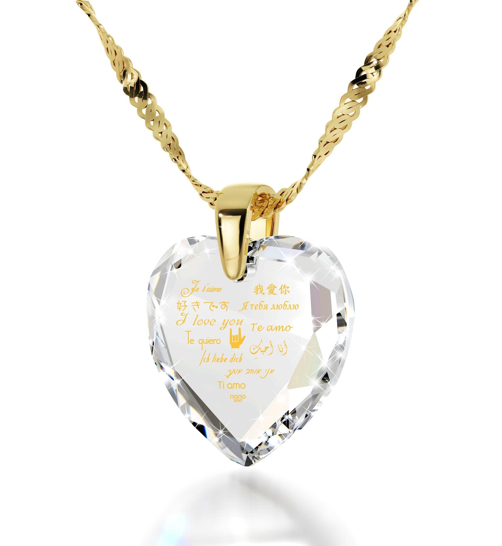 Gold Plated Silver Heart Necklace I Love You in 12 Languages 24k Gold Inscribed Cubic Zirconia - Puritific